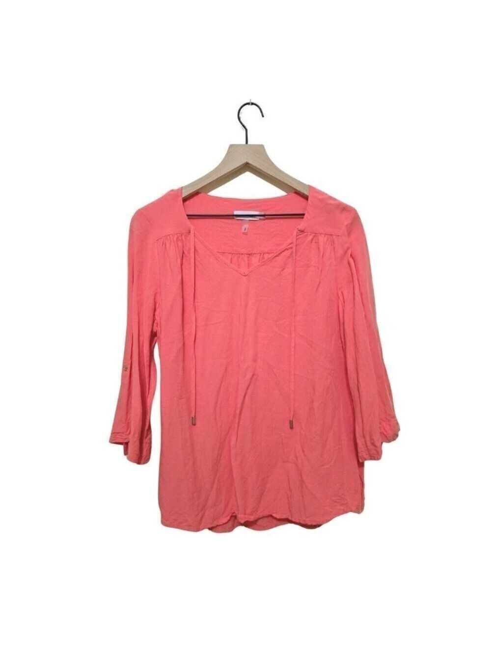Calvin Klein Coral V-Neck Linen Blend 3/4 Sleeve Blouse Sz M